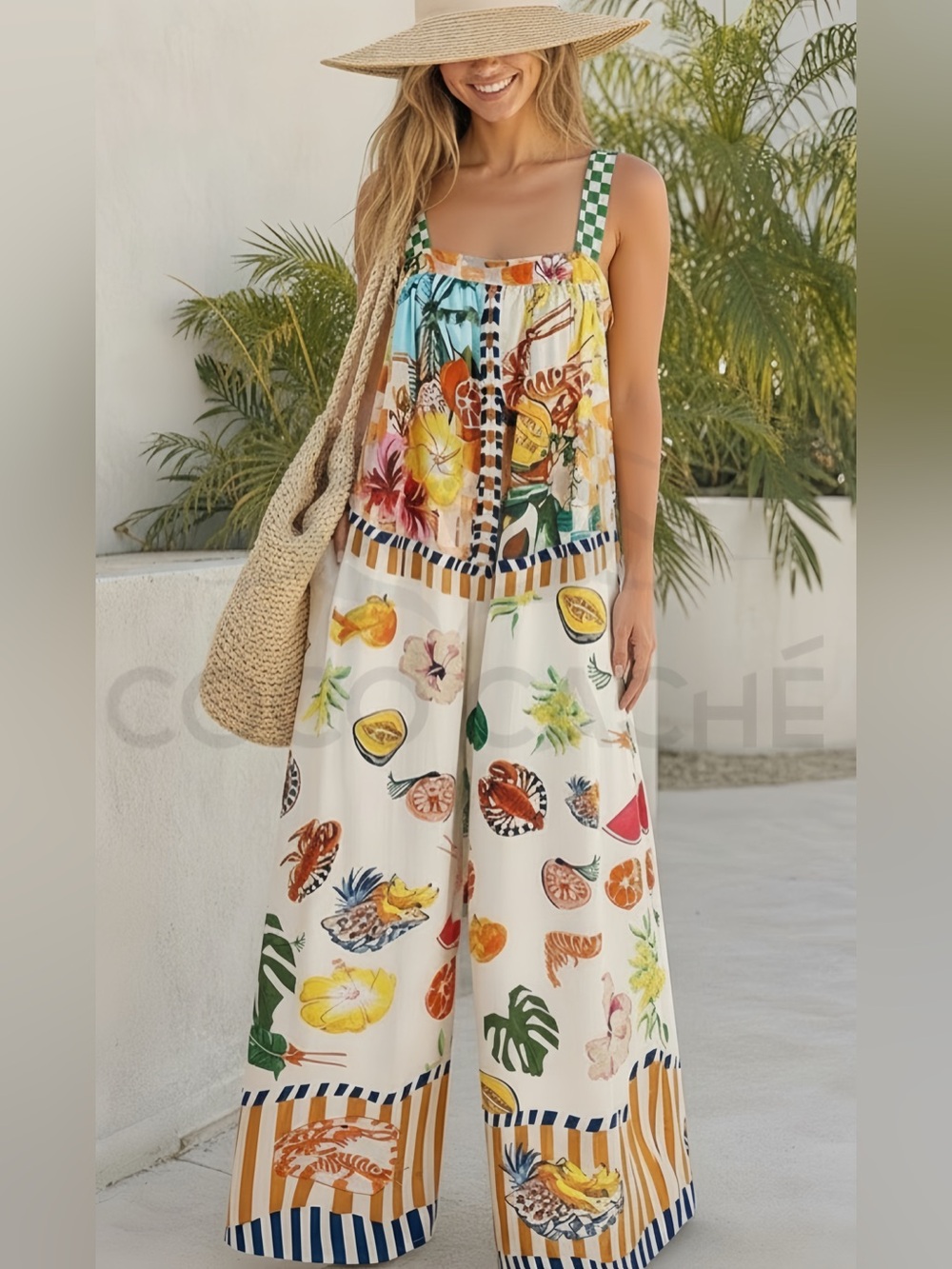 Tropical Print Jumpsuit Oversized Wide Legs Pants Multicolor